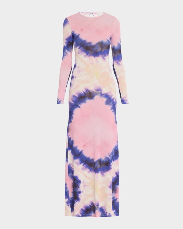 Tie-Dye Jersey Backless Long-Sleeve Maxi Dress